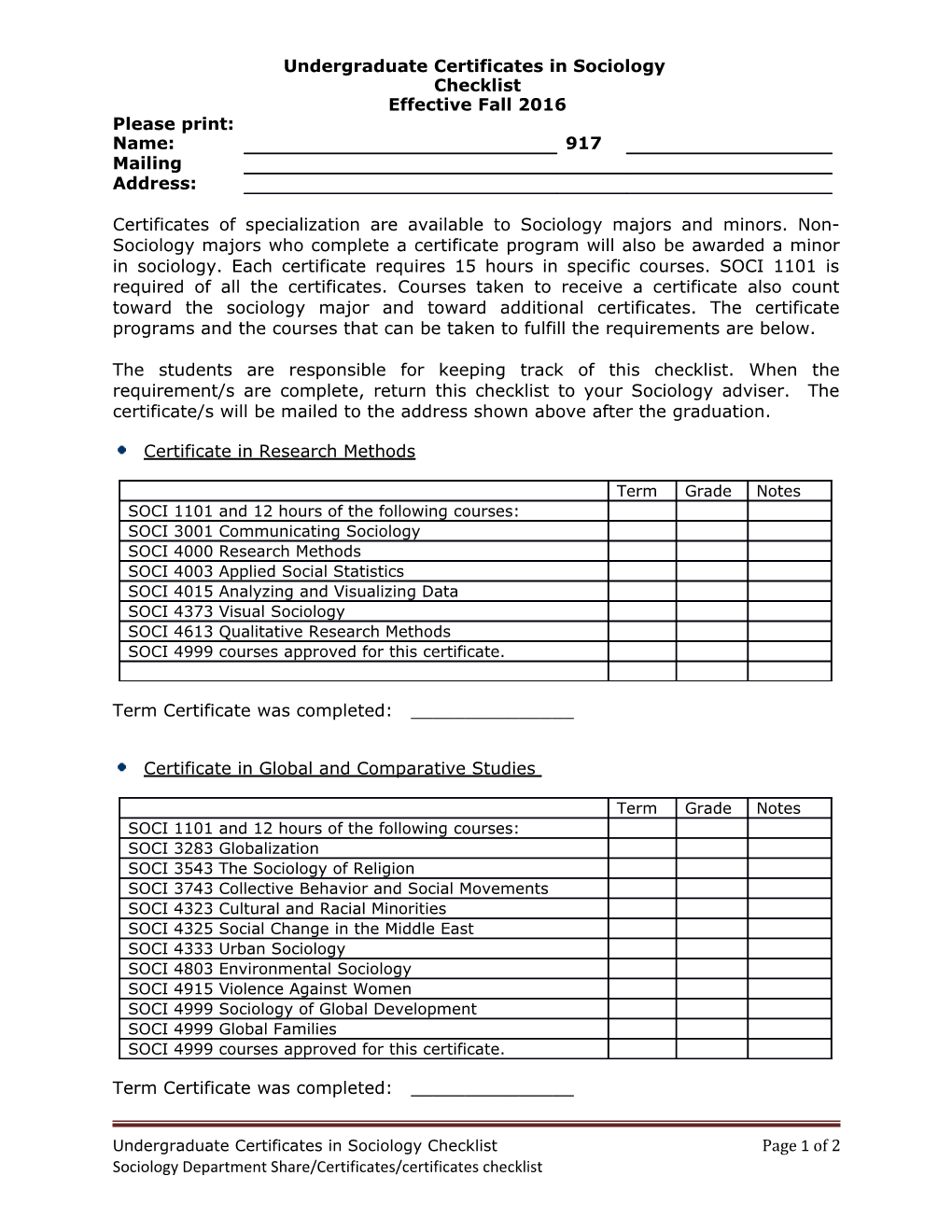 Undergraduate Certificates in Sociology