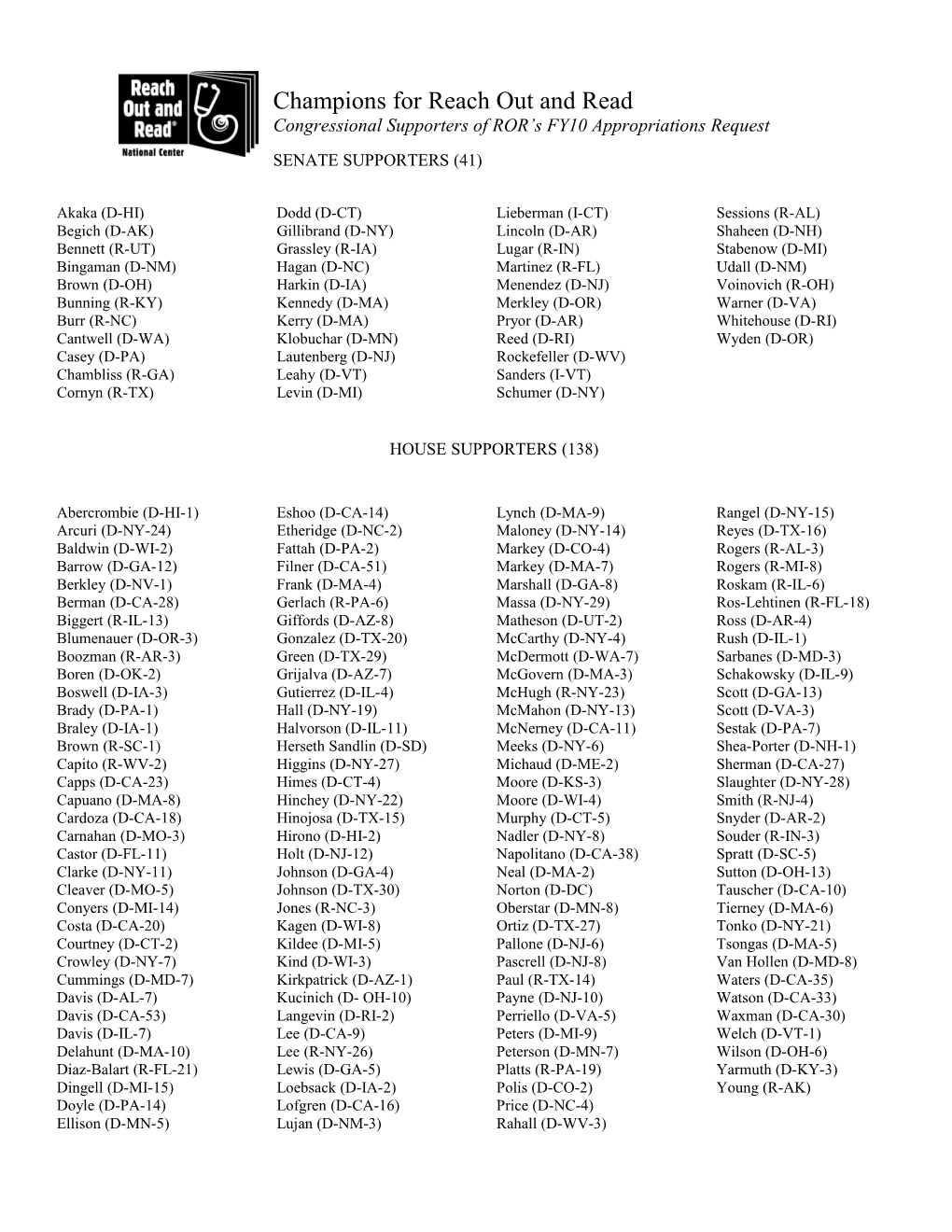 Congressional Supporters of Reach out and Read S FY04 Appropriations Request of $6M