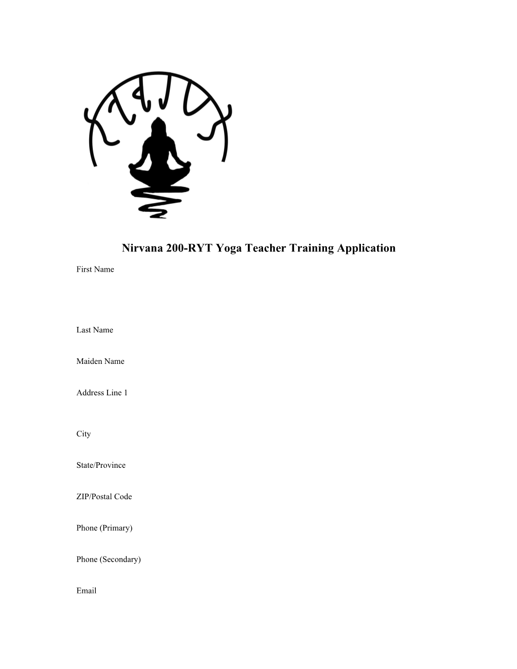 Nirvana 200-RYT Yoga Teacher Training Application