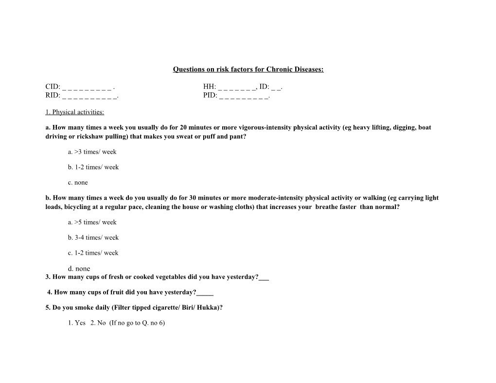 Questions on Risk Factors for Chronic Diseases