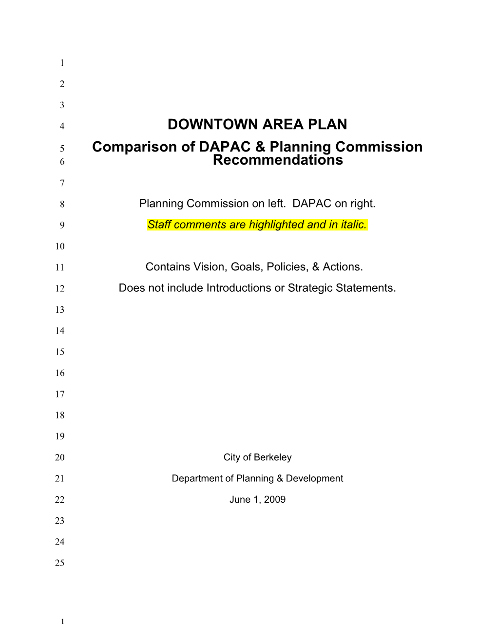 Comparison of DAPAC & Planning Commission Recommendations