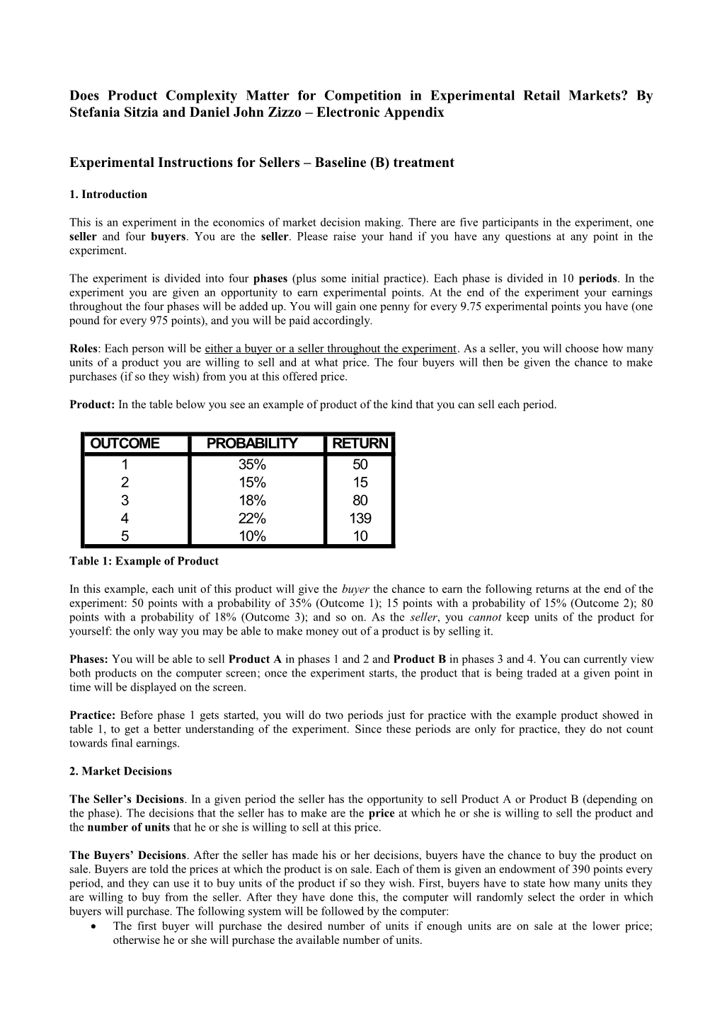 Experimental Instructions for Sellers Baseline (B) Treatment