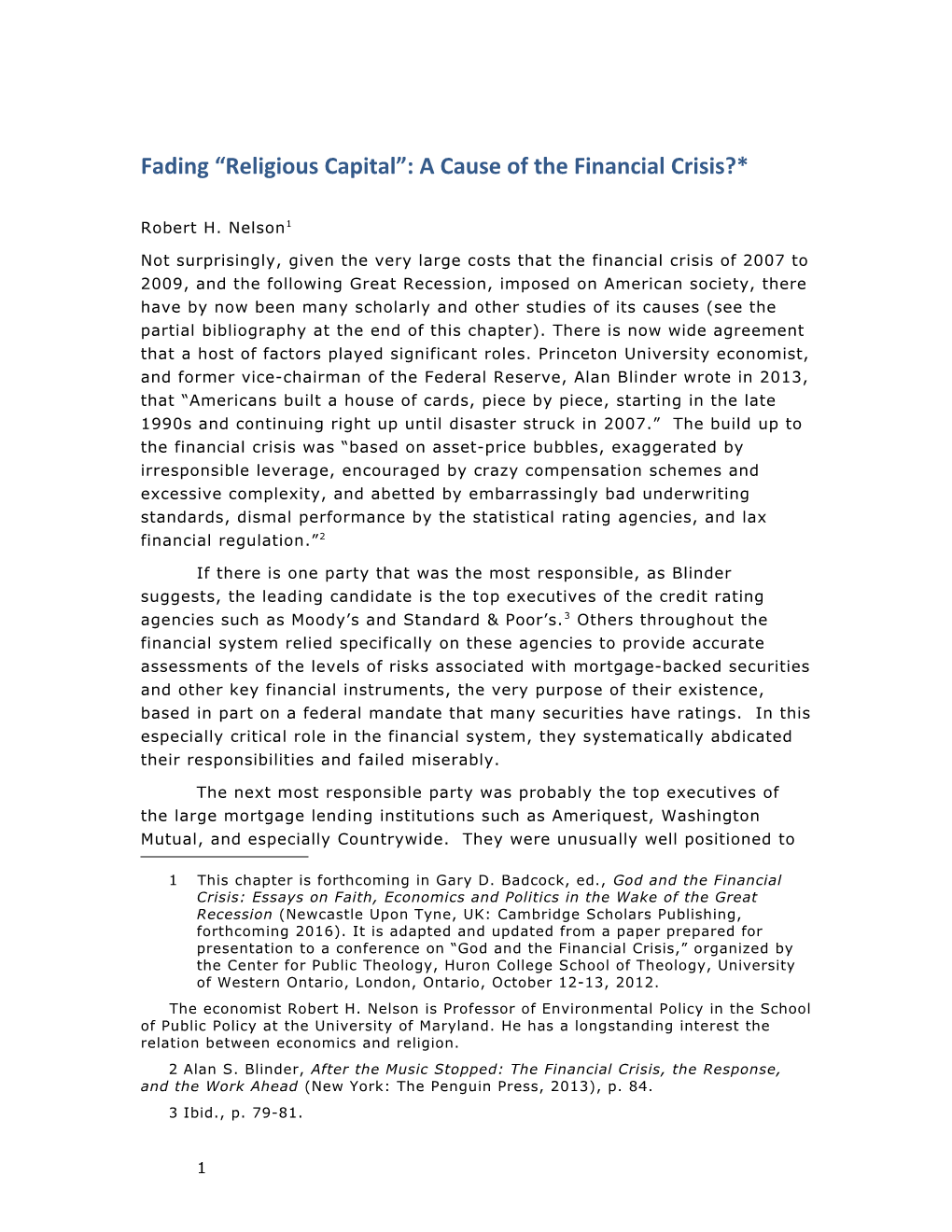 Fading Religious Capital : a Cause of the Financial Crisis?*