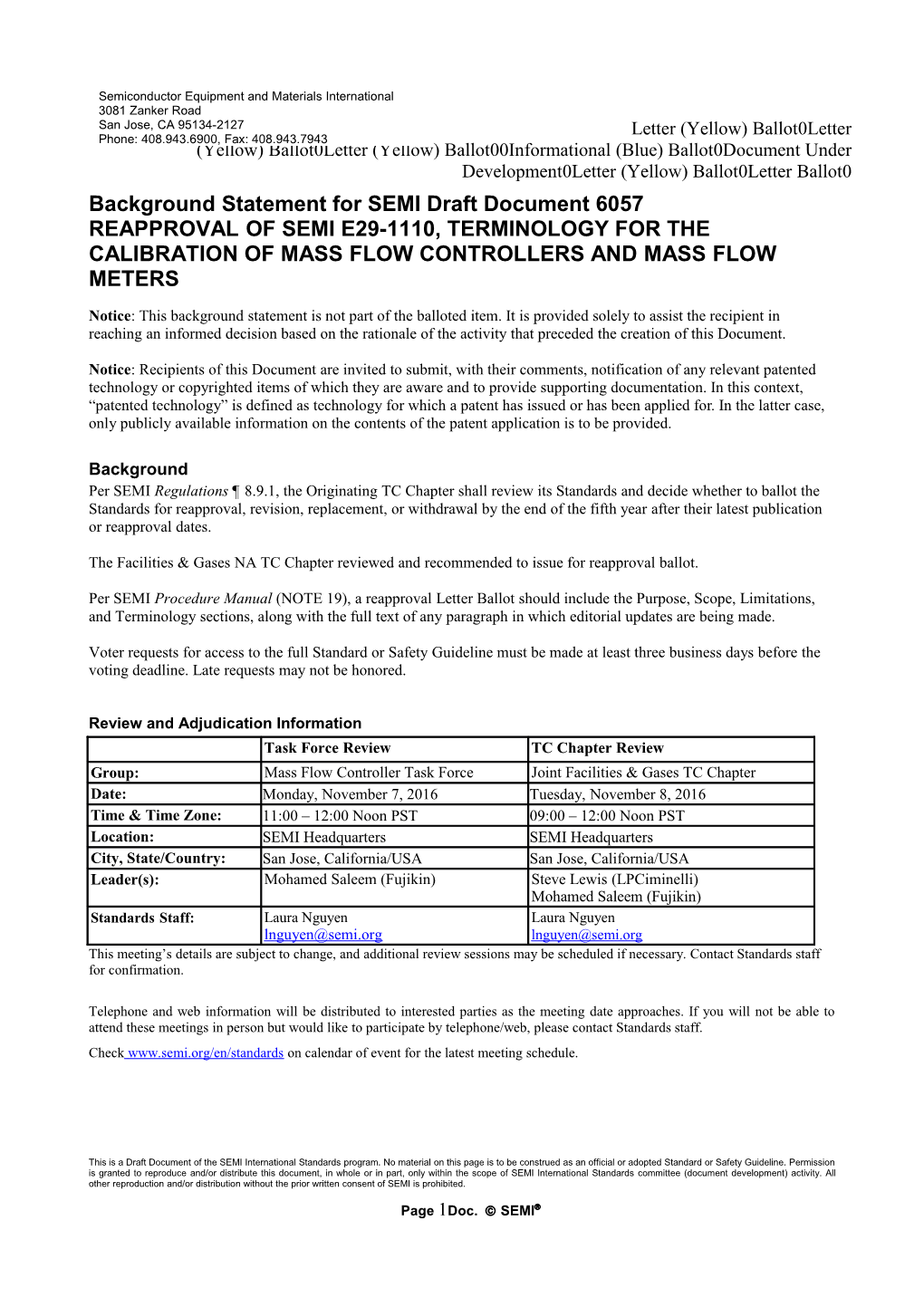 Background Statement for SEMI Draft Document 6057