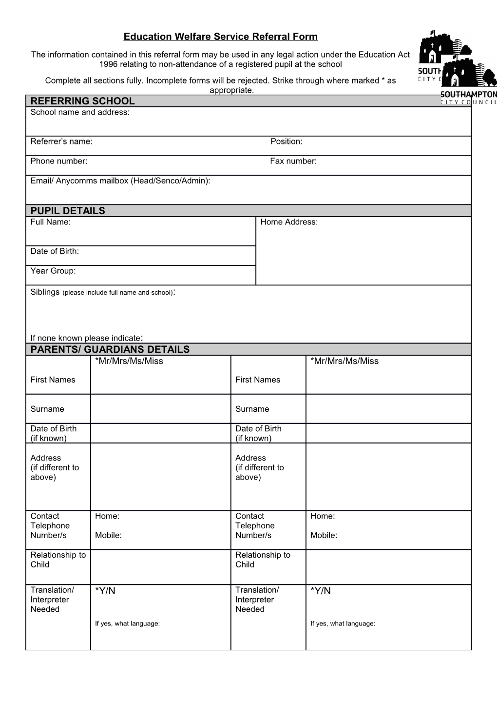 Education Welfare Service Referral Form