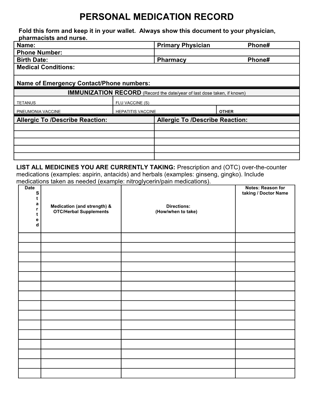 Universal Medication Form