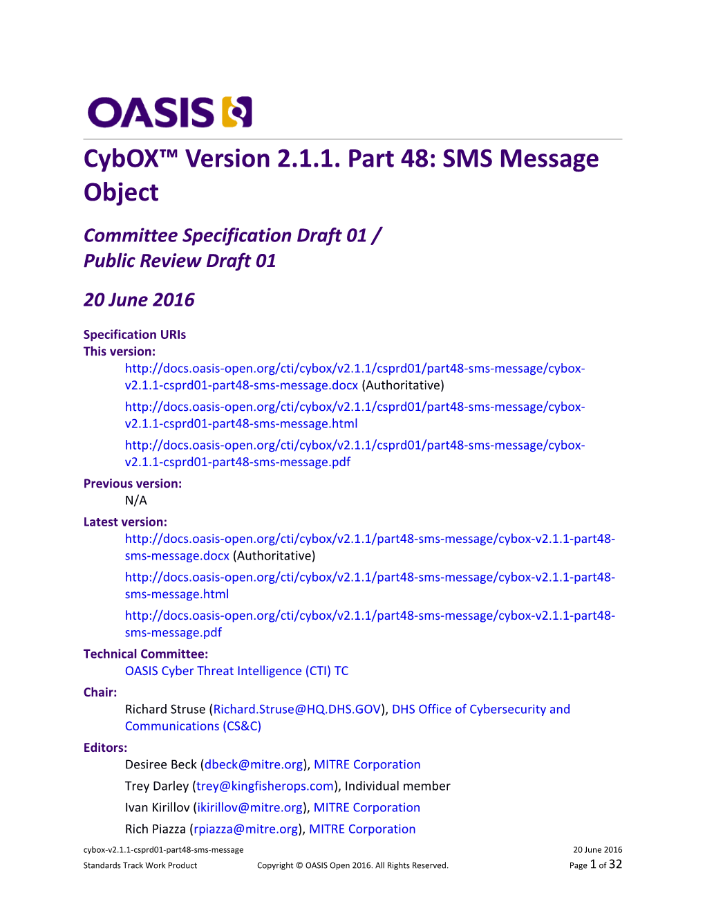 Cybox Version 2.1.1. Part 48: SMS Message Object