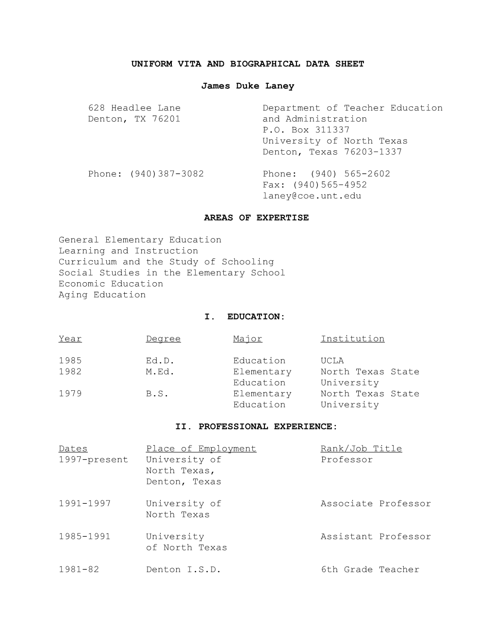 Uniform Vita and Biographical Data Sheet