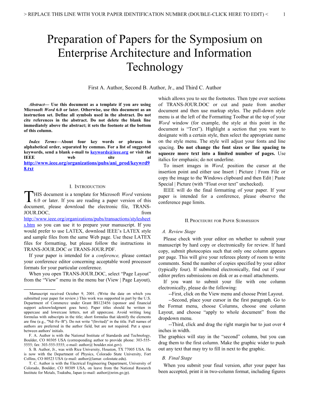 Preparation of Papers for Thesymposium on Enterprise Architecture and Information Technology