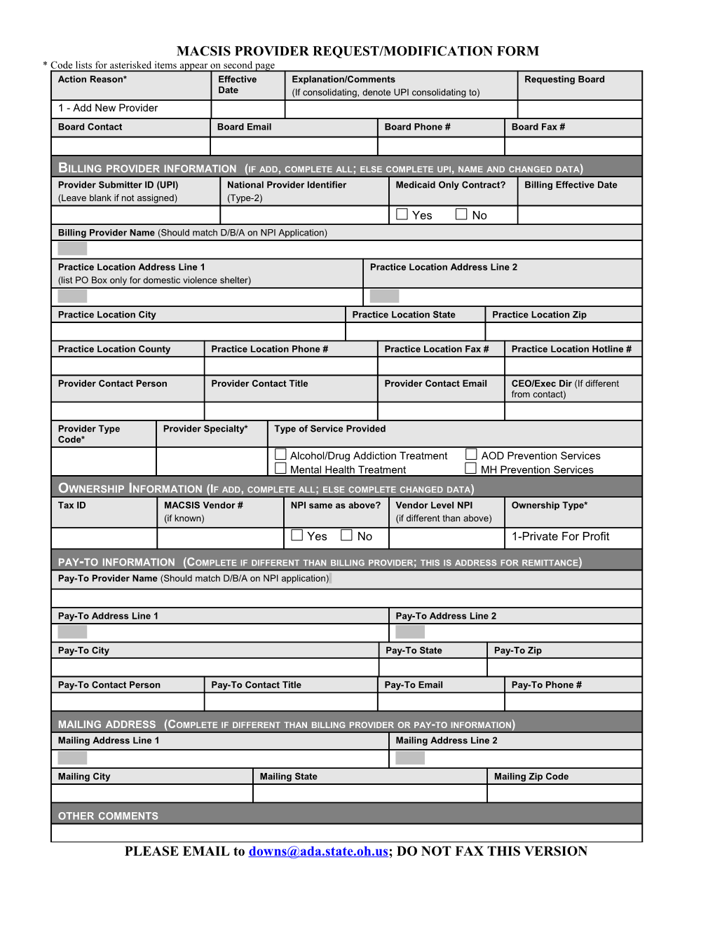 Macsis Provider Request/Modification Form