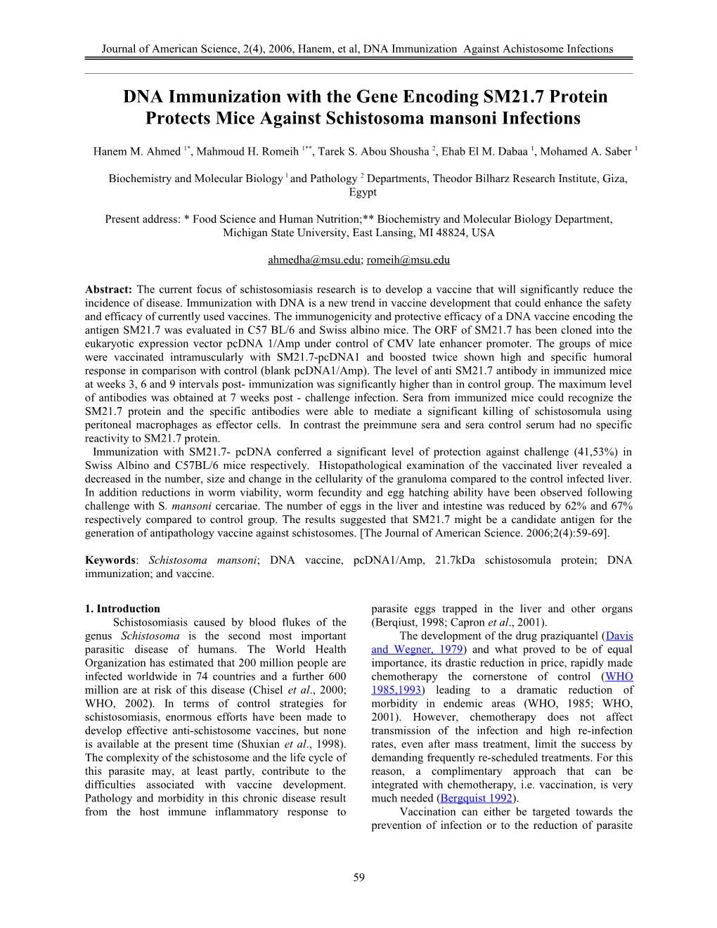 Vaccination Against Schistosoma Mansoni Infection by DNA Encoding SM 21