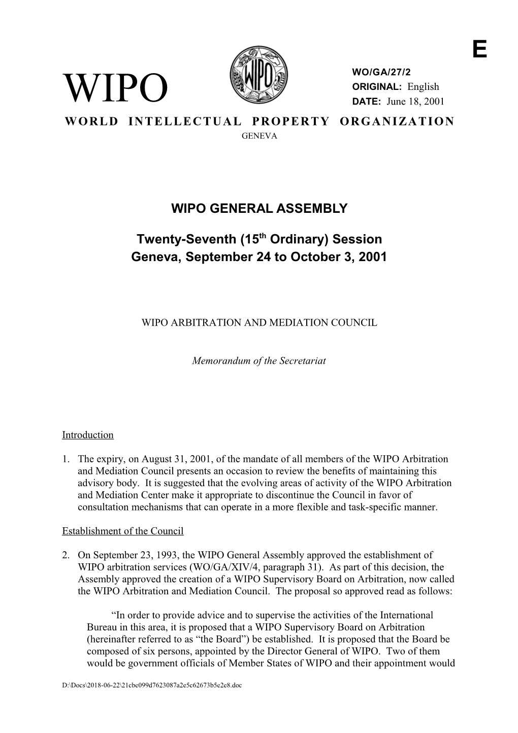 WO/GA/27/2: WIPO Arbitration and Mediation Council
