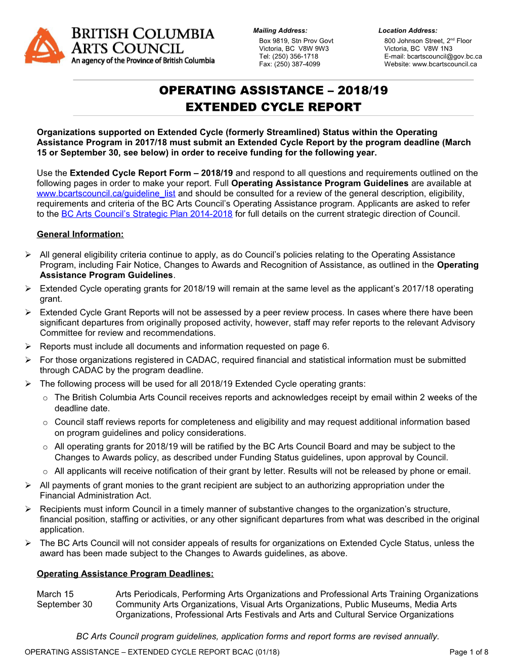 Operating Assistance 2018/19Extended Cycle Report