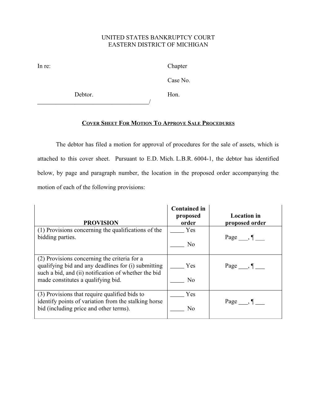 Cover Sheet for Motion to Approve Sale Procedures