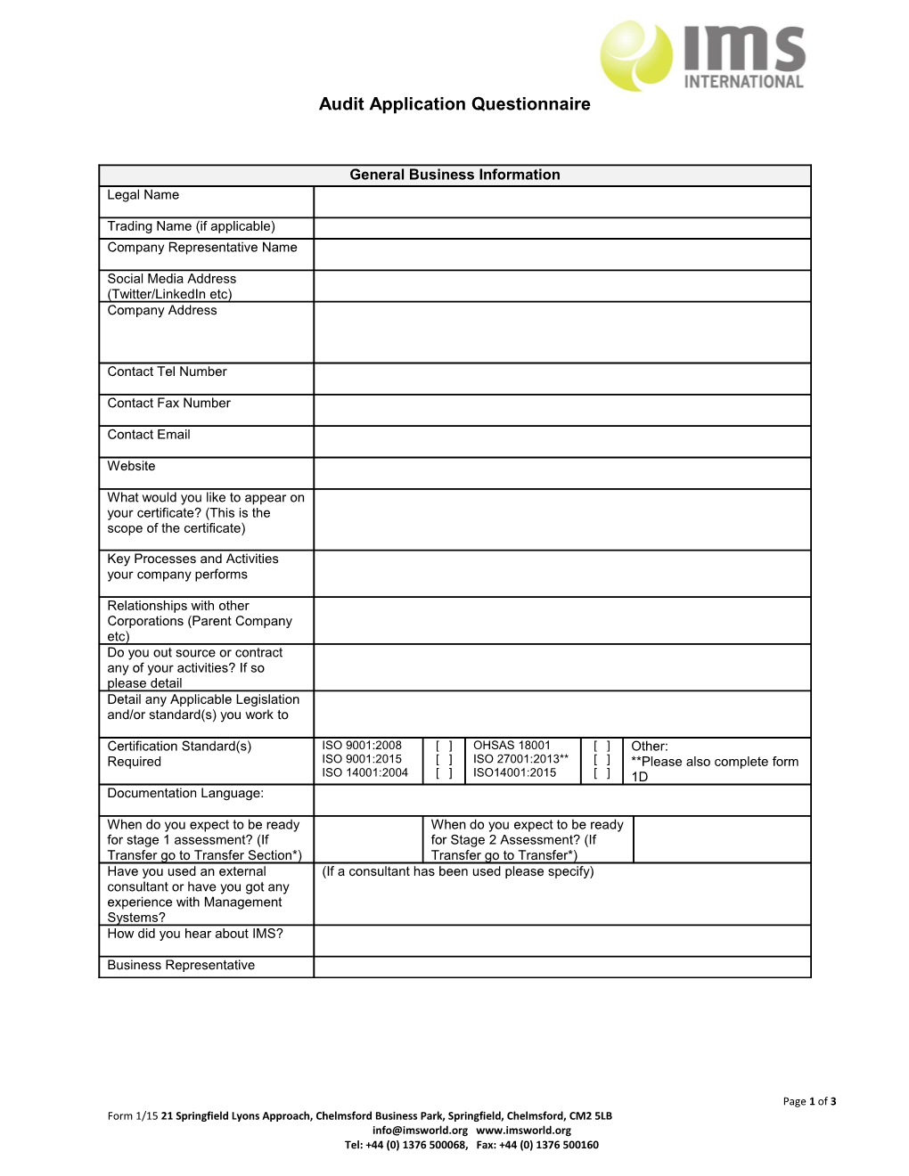 Audit Application Questionnaire