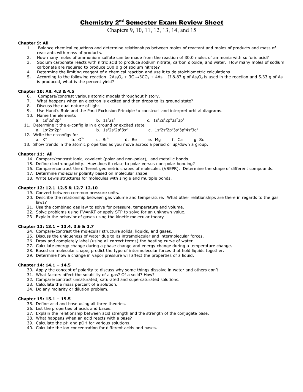 Chemistry 2Nd Semester Exam Review Sheet