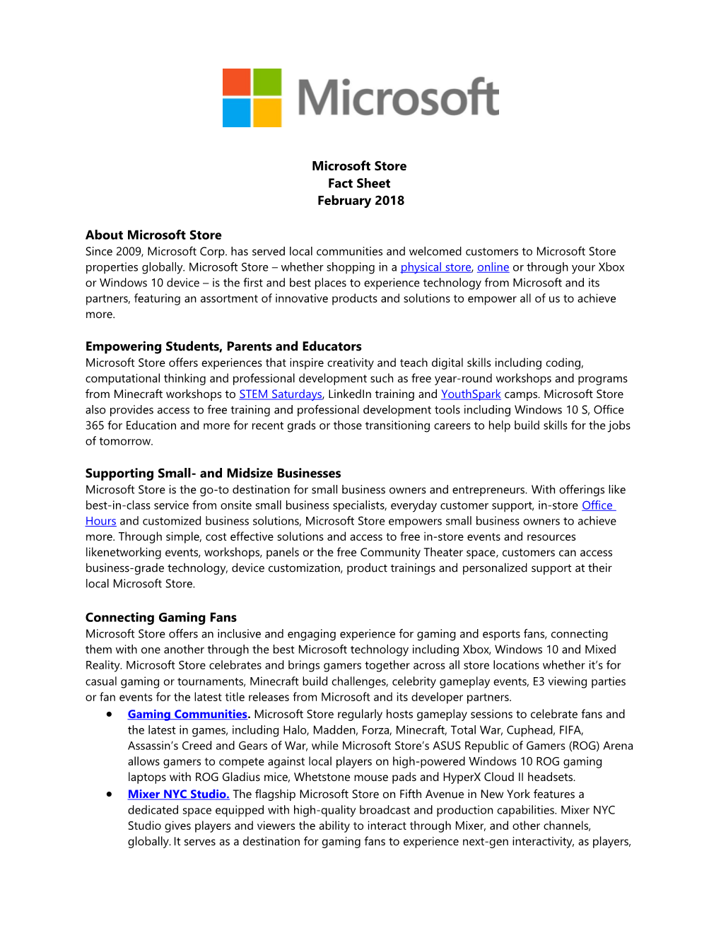 Microsoft Store Fact Sheet