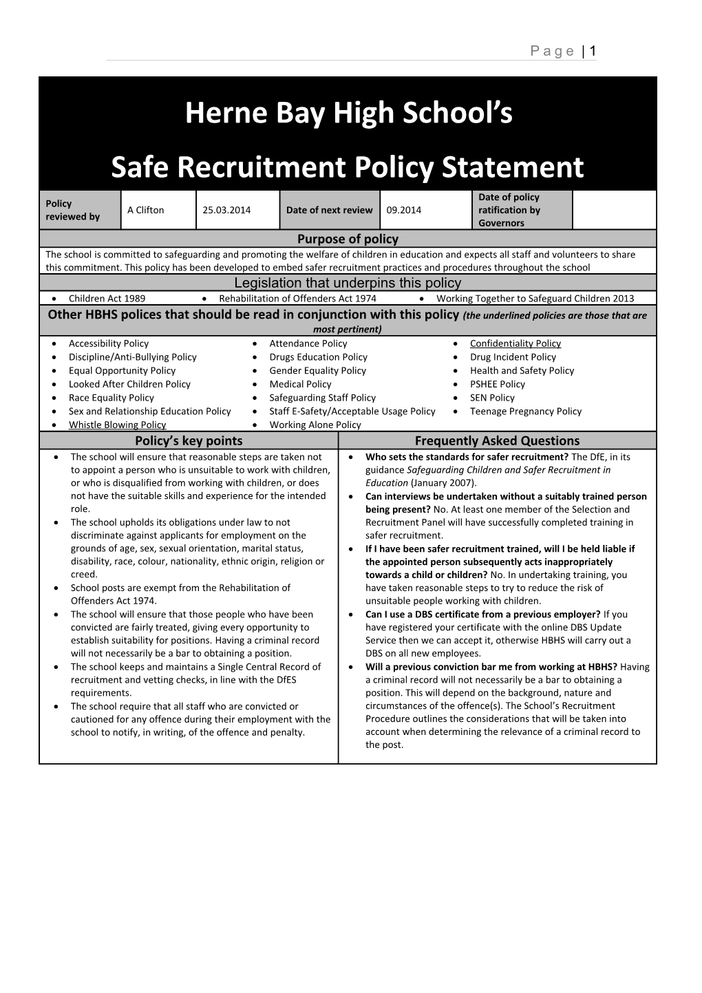 Safe Recruitment Policy Statement