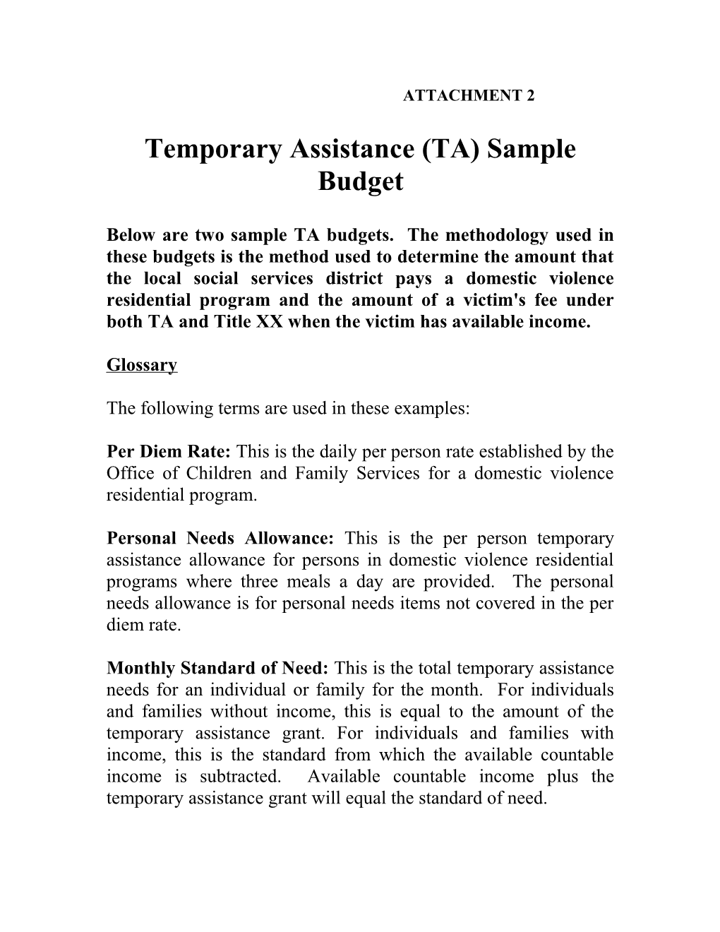 Temporary Assistance (TA) Sample Budget
