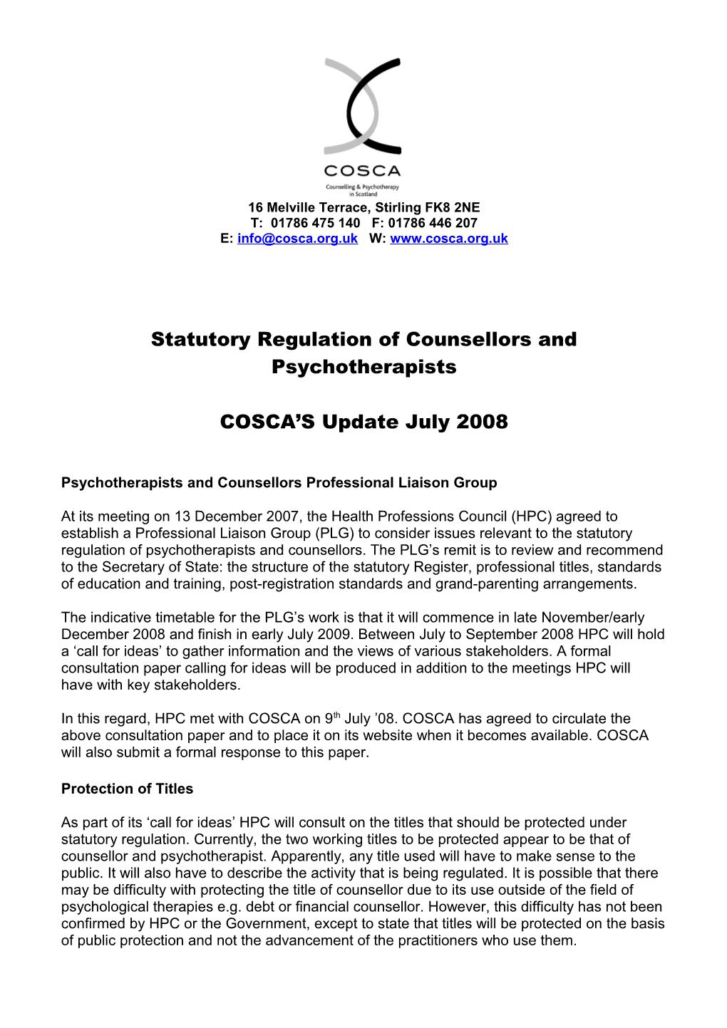 Statutory Regulation of Counsellors and Psychotherapists