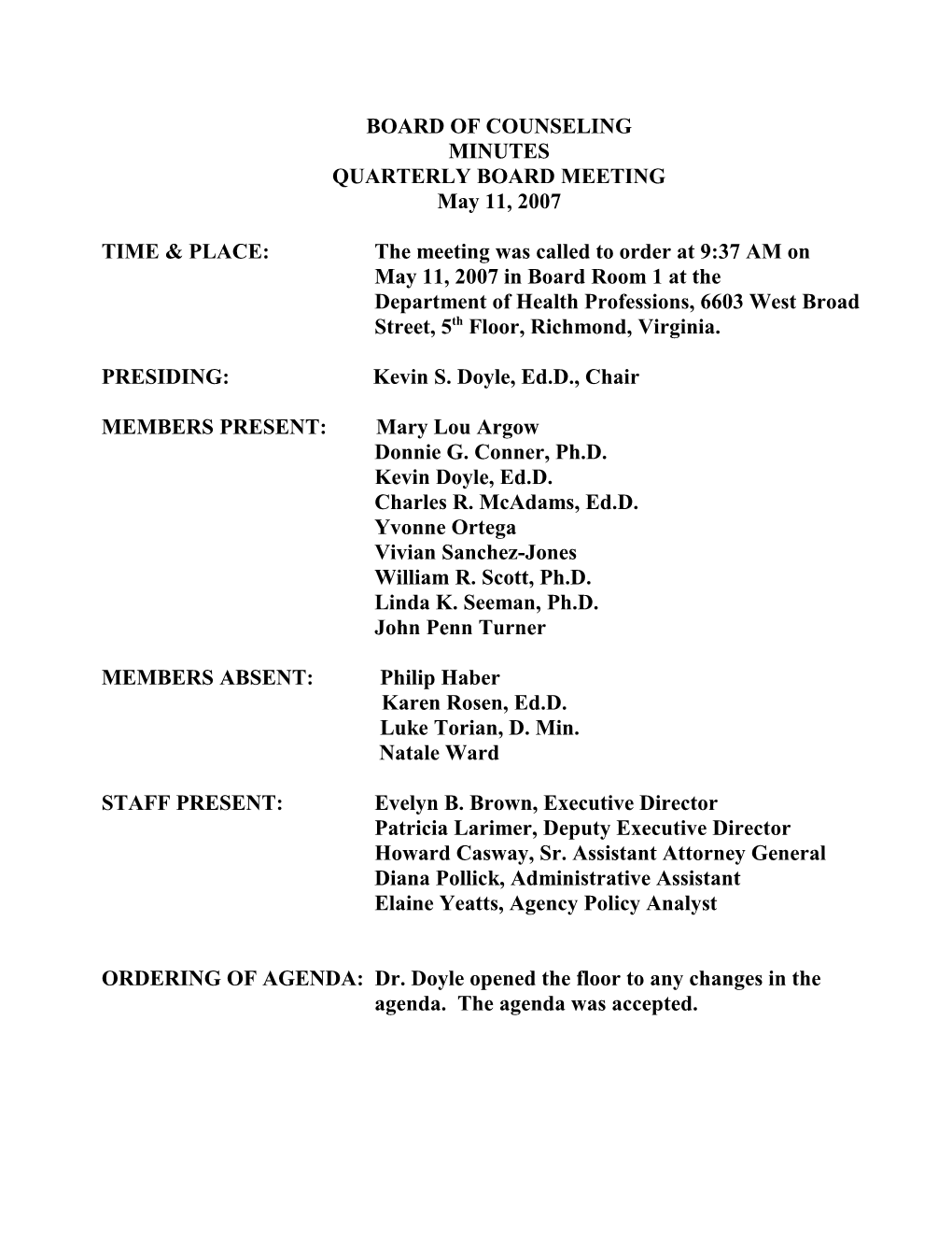 Board of Counseling Minutes 05-11-2007