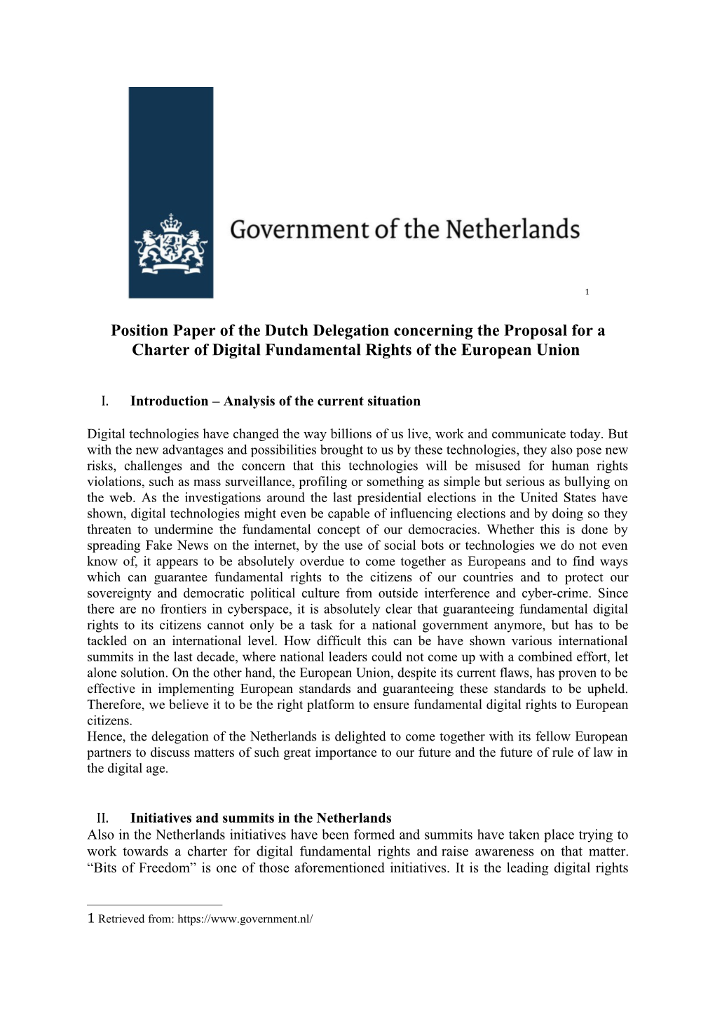 Position Paper of the Dutch Delegation Concerning the Proposal for a Charter of Digital