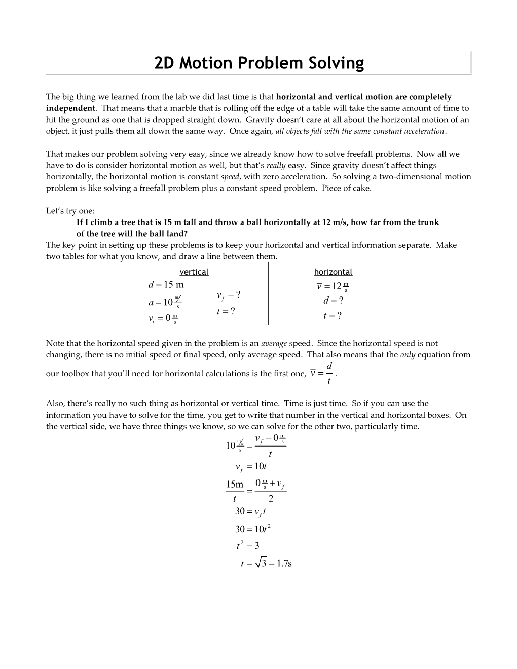 2D Motion Problem Solving