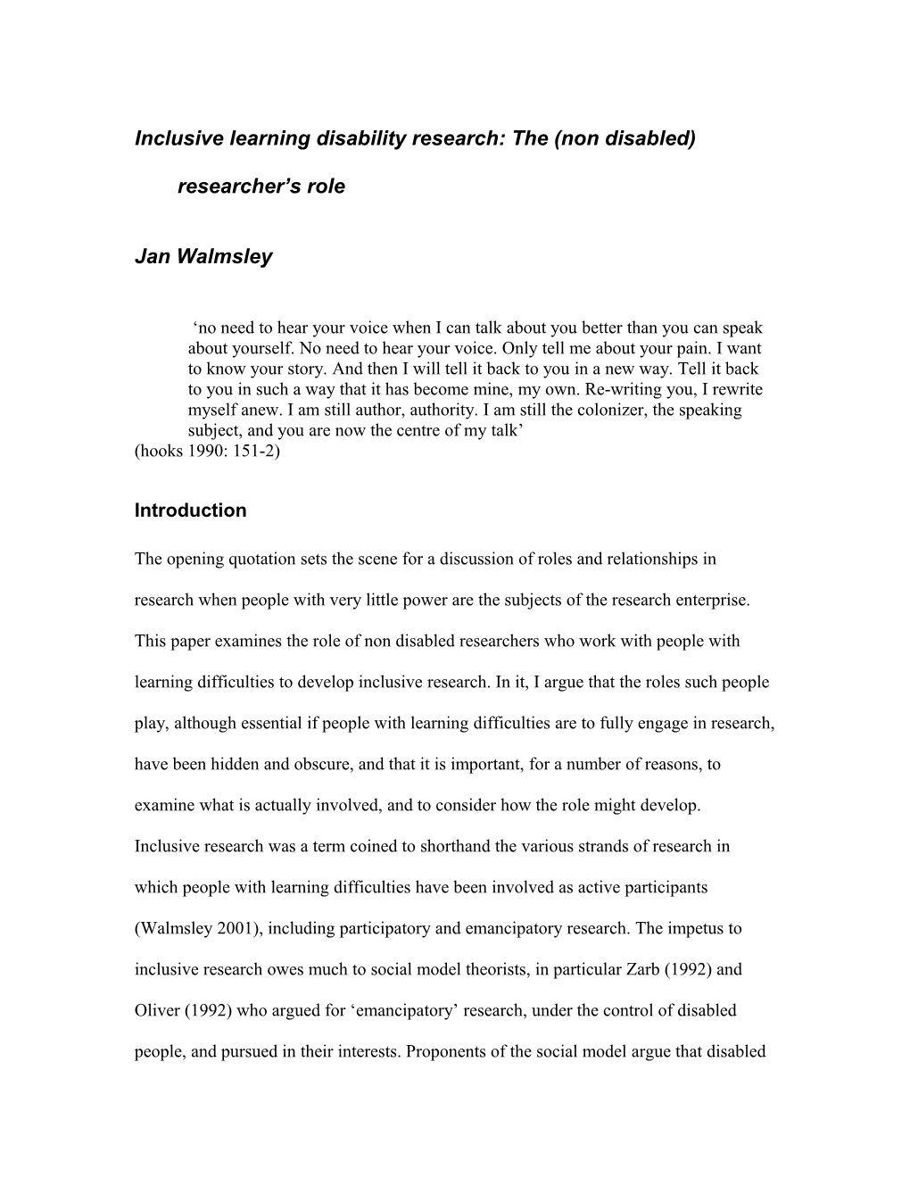 Inclusive Learning Disability Research: the (Non Disabled) Researcher S Role