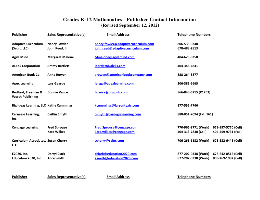 Grades K-12 Mathematics - Publisher Contact Information
