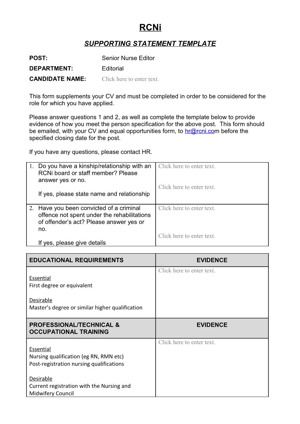 Supporting Statement Template