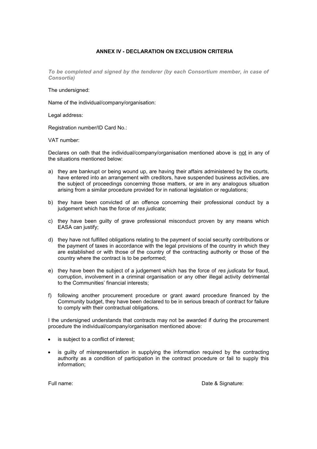 Annex Iv - Declaration on Exclusion Criteria