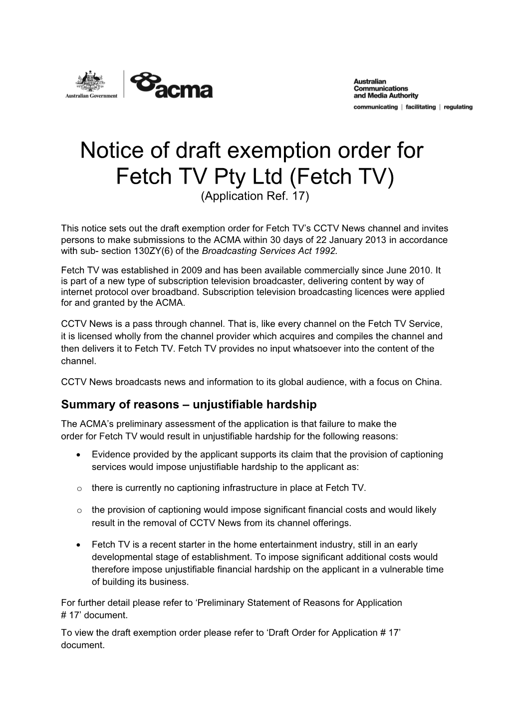 Notice of Draft Exemption Order for Fetch TV Cons 17