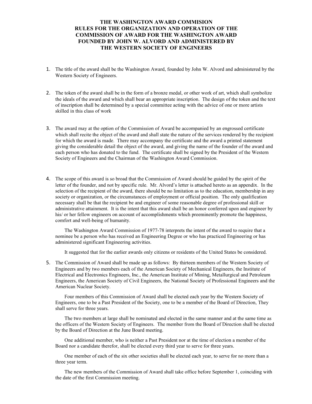 The Washington Award Commision Rules for the Organization and Operation of the Commission