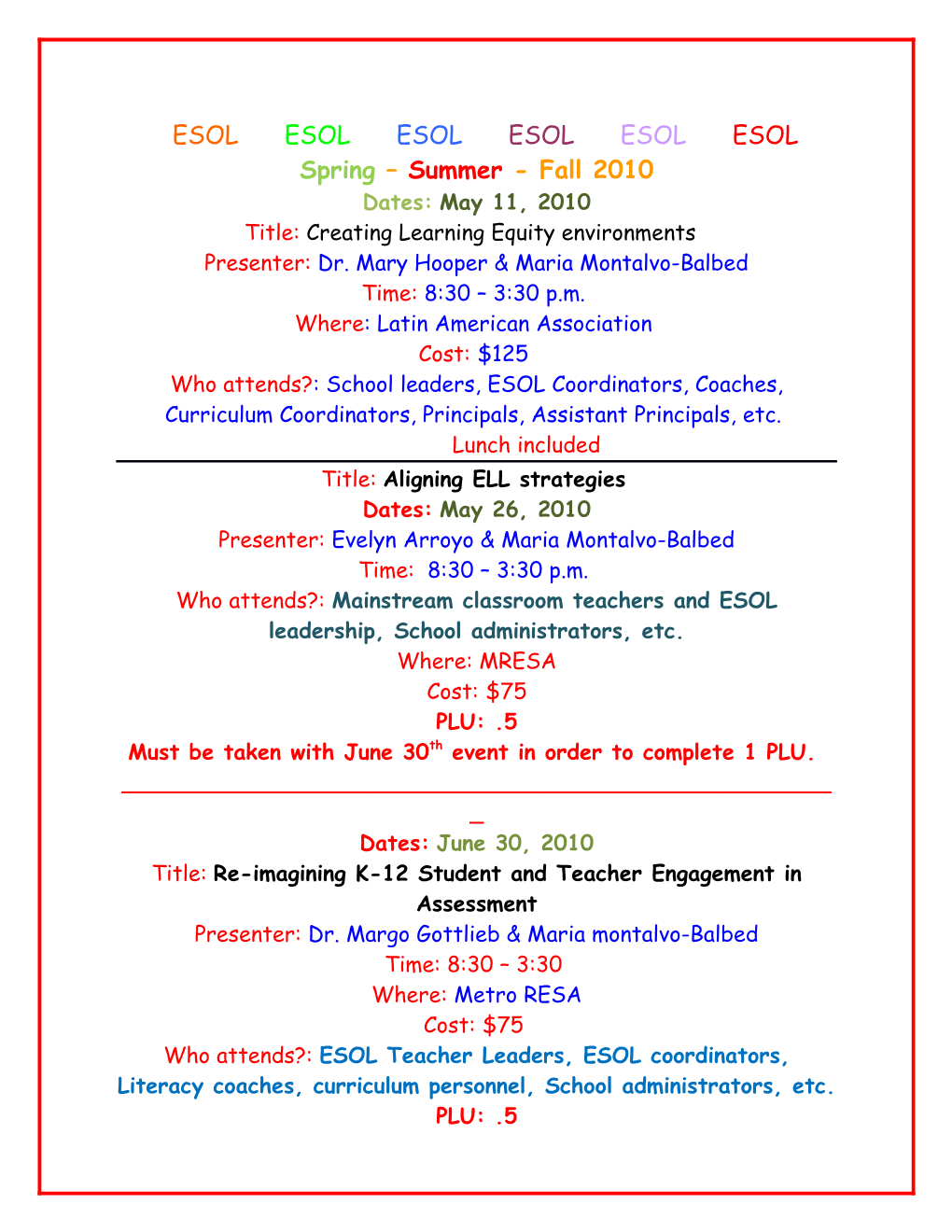 5 Day Institute for ESOL Teachers