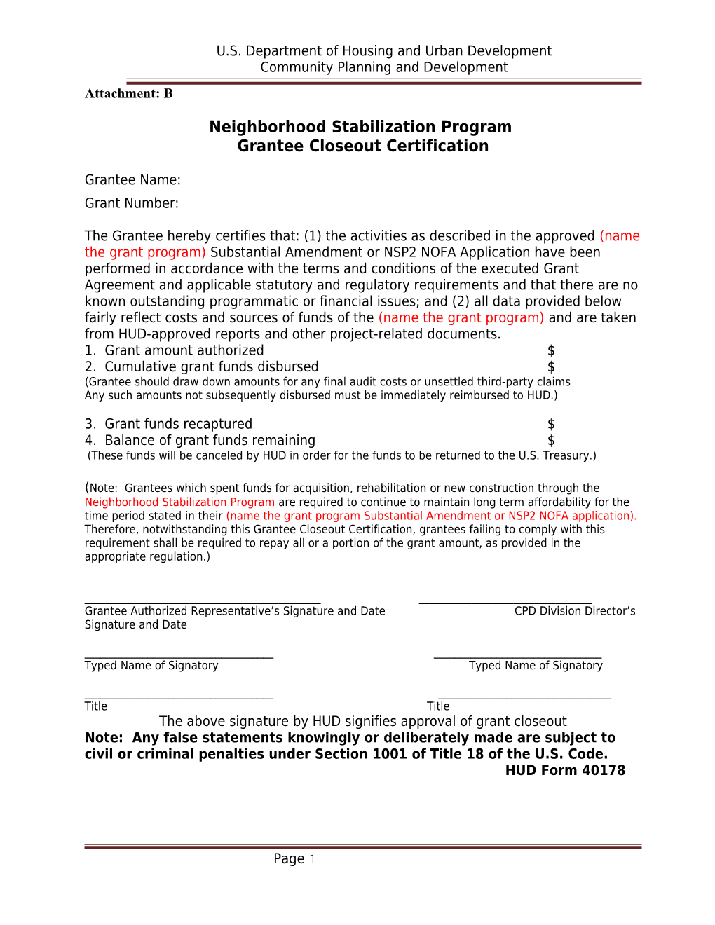 Attachment B - NSP Closeout Certification