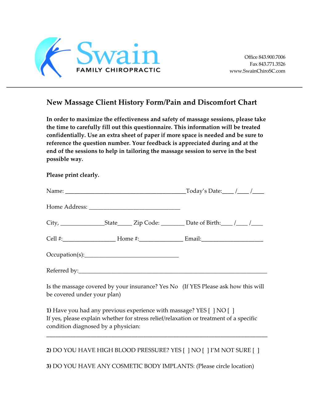 New Massage Client History Form/Pain and Discomfort Chart