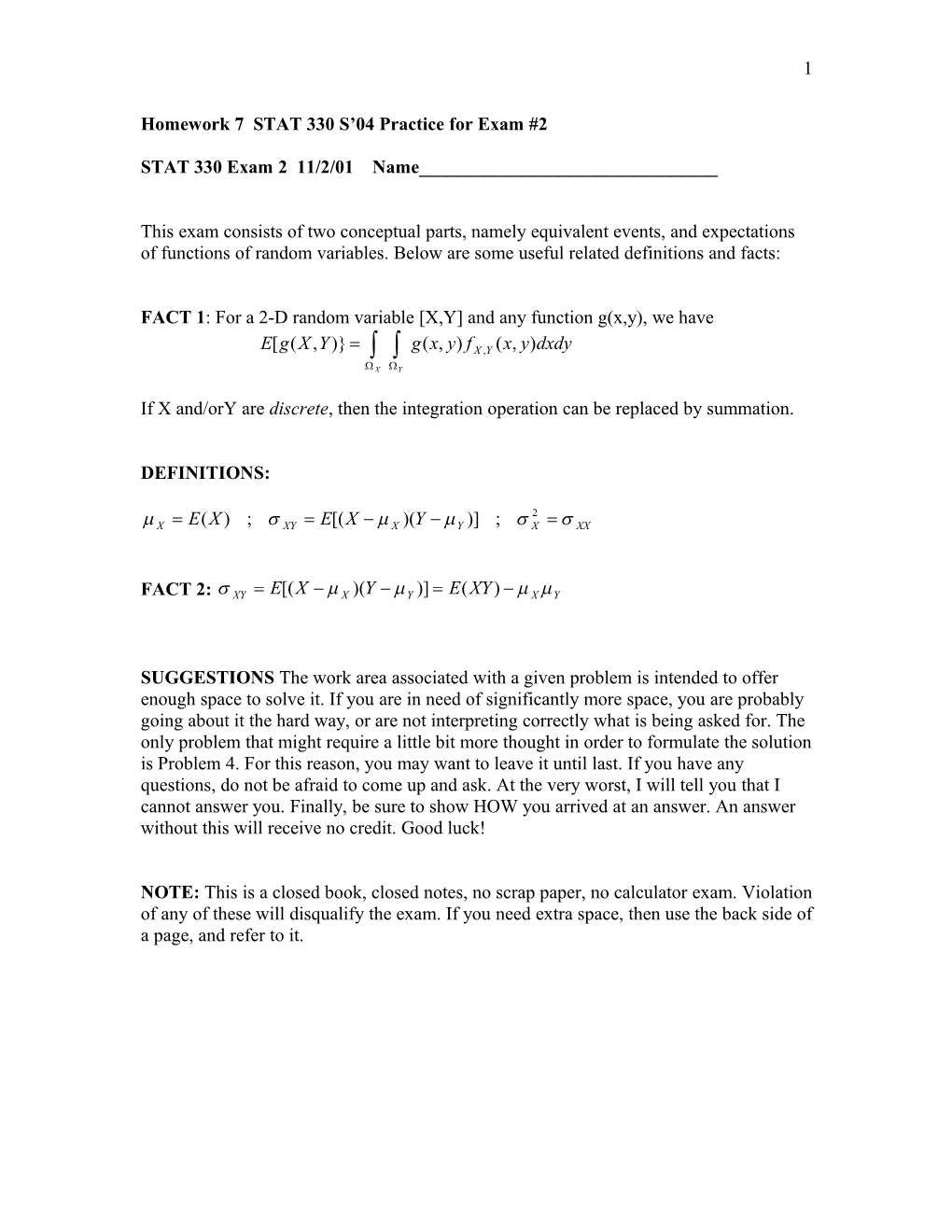 Homework 7 STAT 330 S 04 Practice for Exam #2