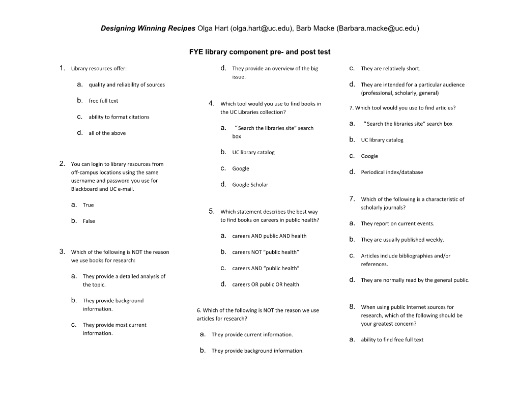 FYE Library Component Pre- and Post Test