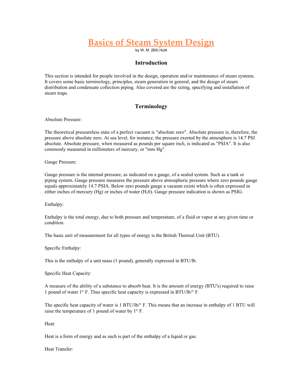 Basics of Steam System Design by W. M. (Bill) Huitt