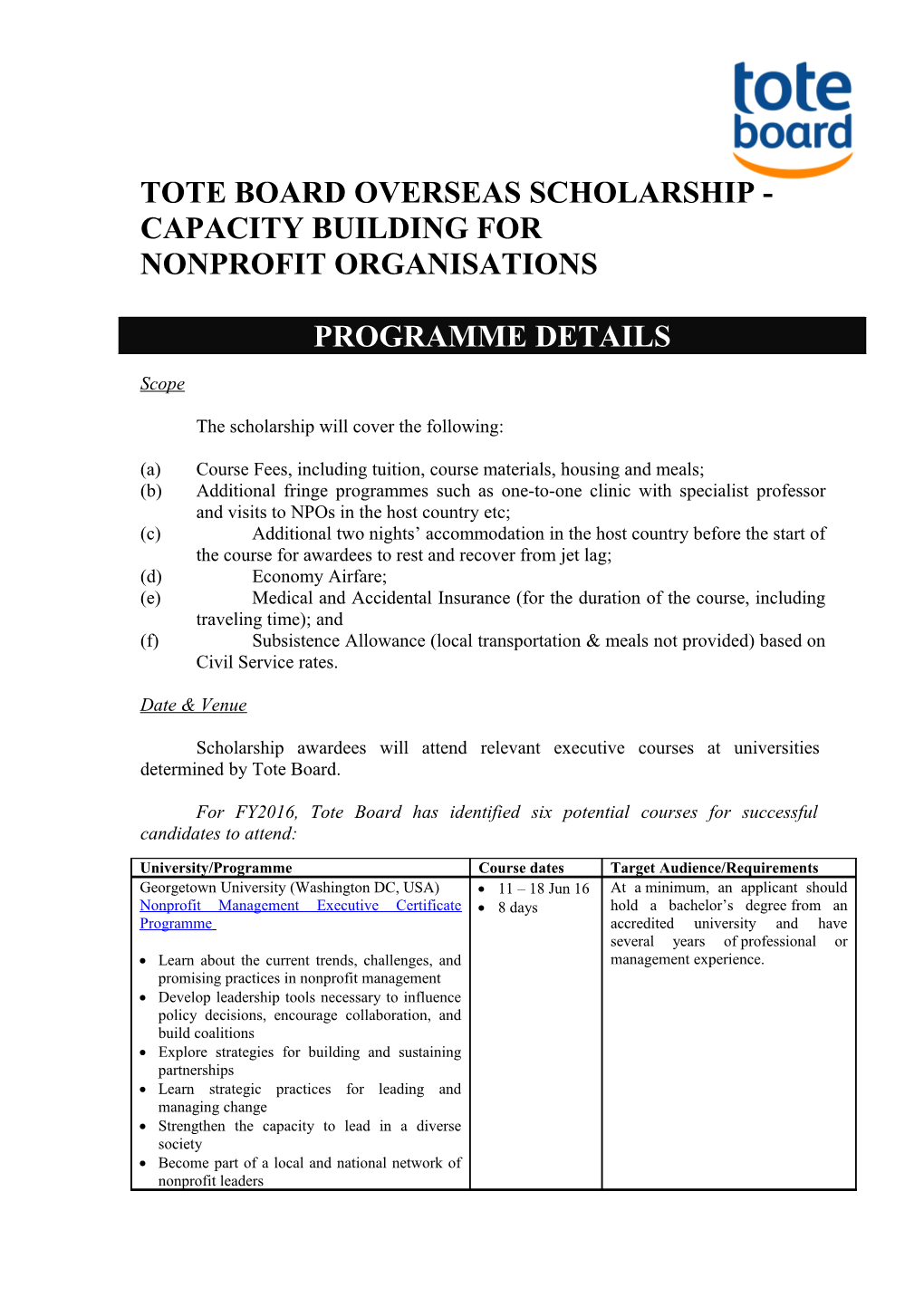 Tote Board Overseas Scholarship - Capacity Building For