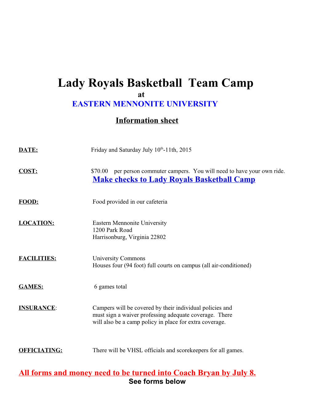 Player Information Sheet Runnin Royals Camp