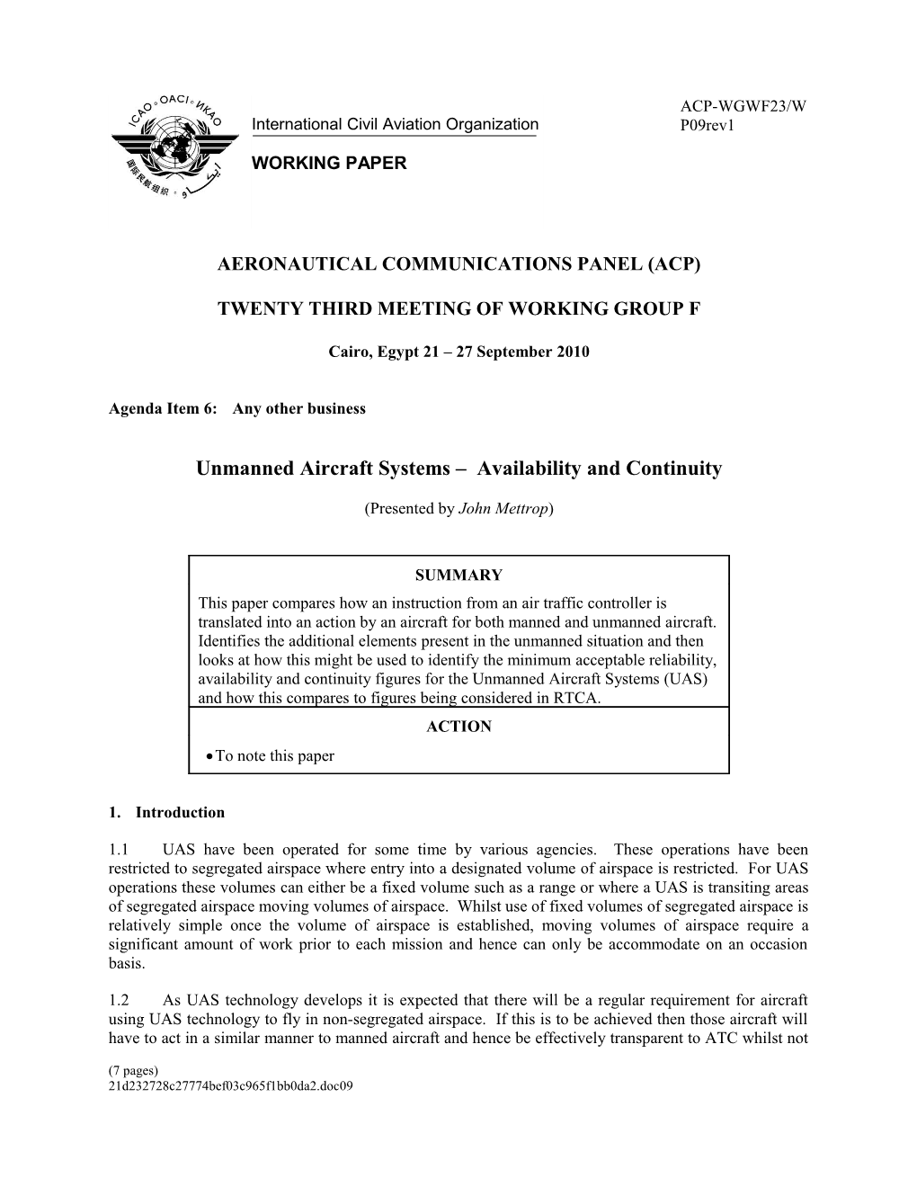 Unmanned Aircraft Systems Availability and Continuity (Rev1)