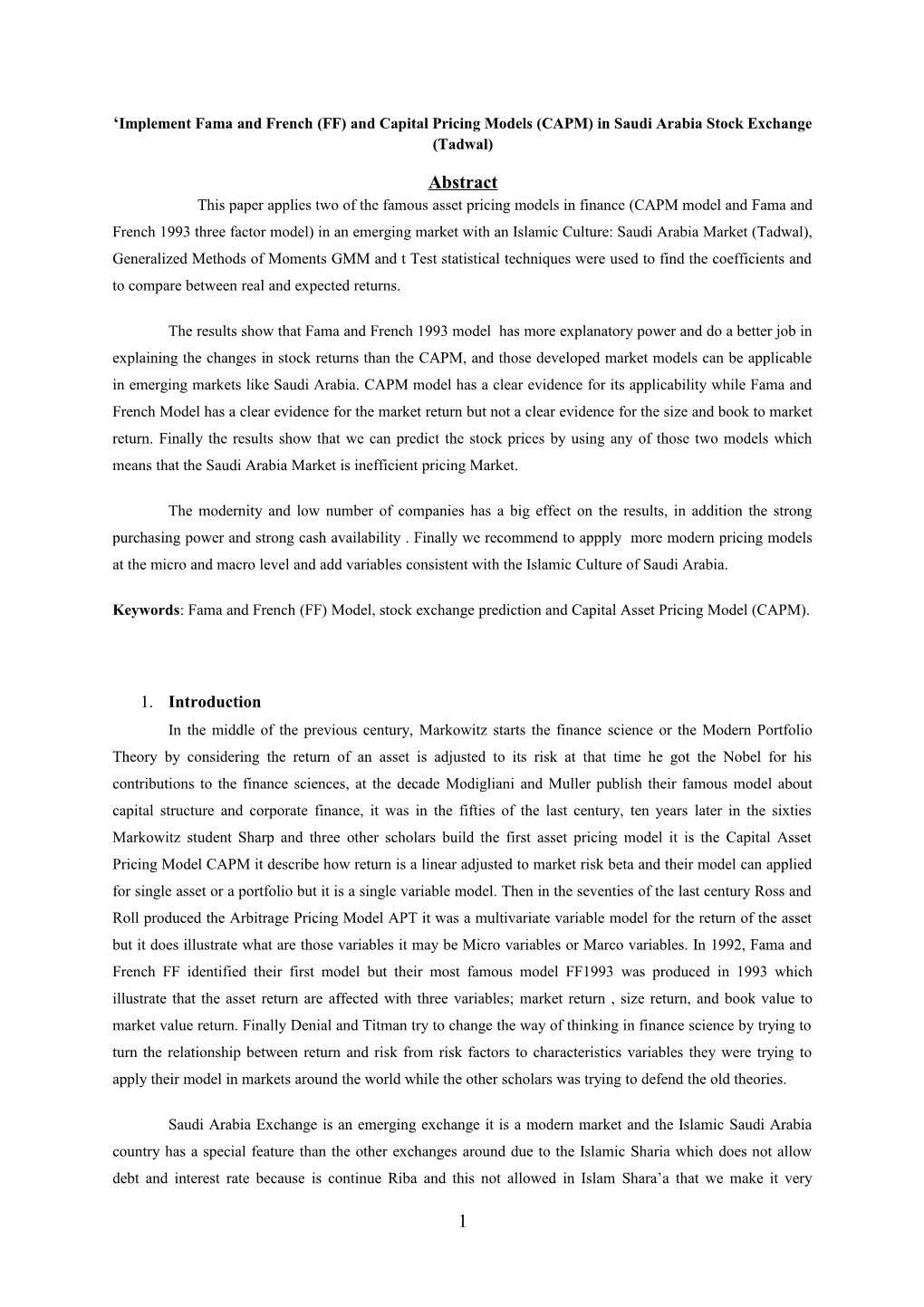 Implement Fama and French (FF) and Capital Pricing Models (CAPM) in Saudi Arabia Stock