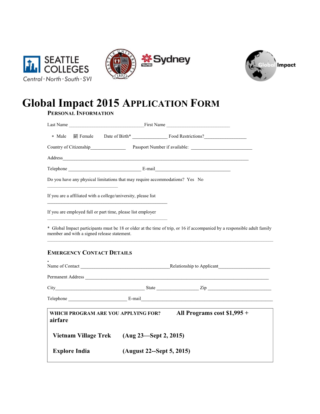 Global Impact: APPLICATION FORM