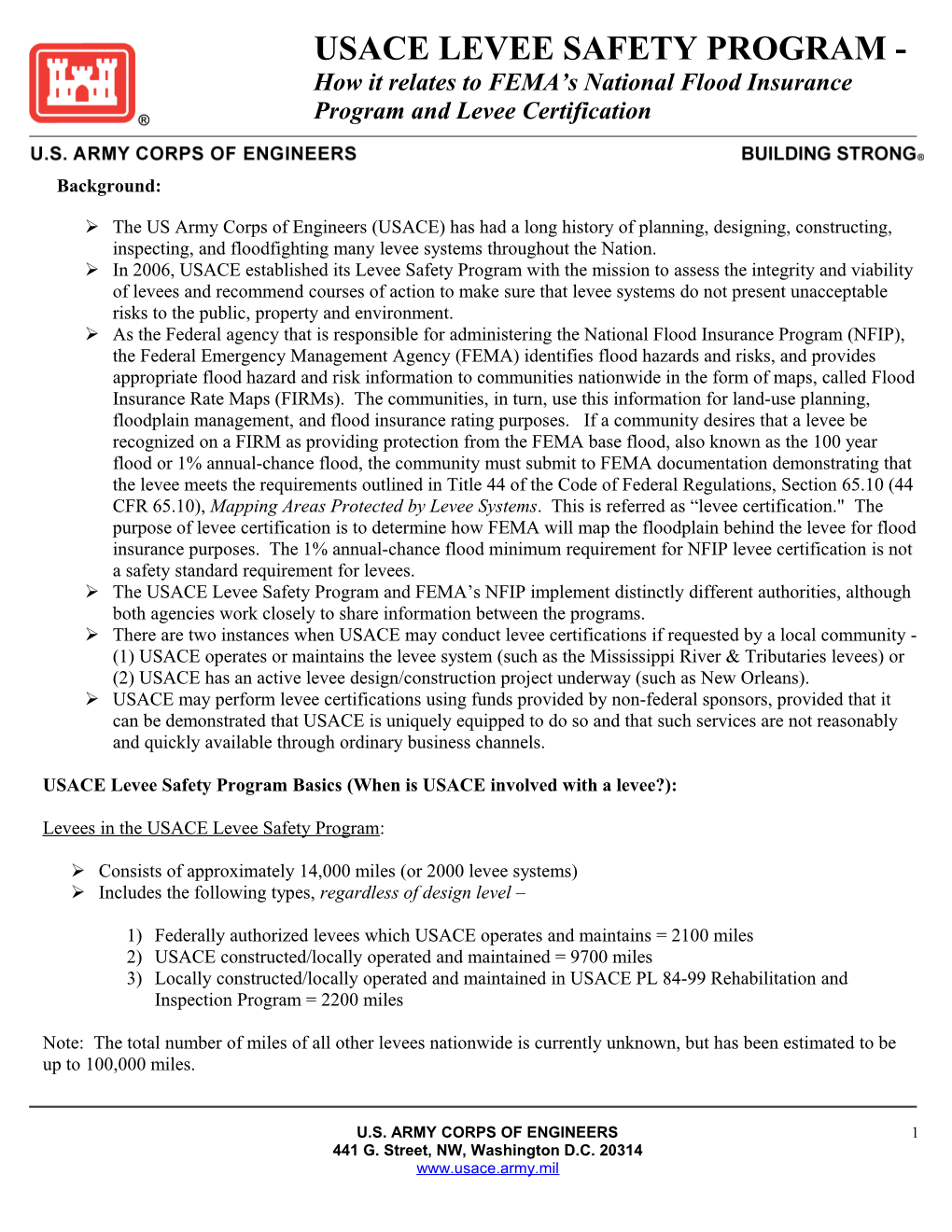 USACE LEVEE SAFETY PROGRAM - How It Relates to FEMA S National Flood Insurance Program