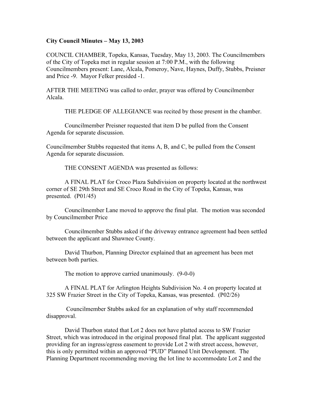 City Council Minutes May 13, 2003