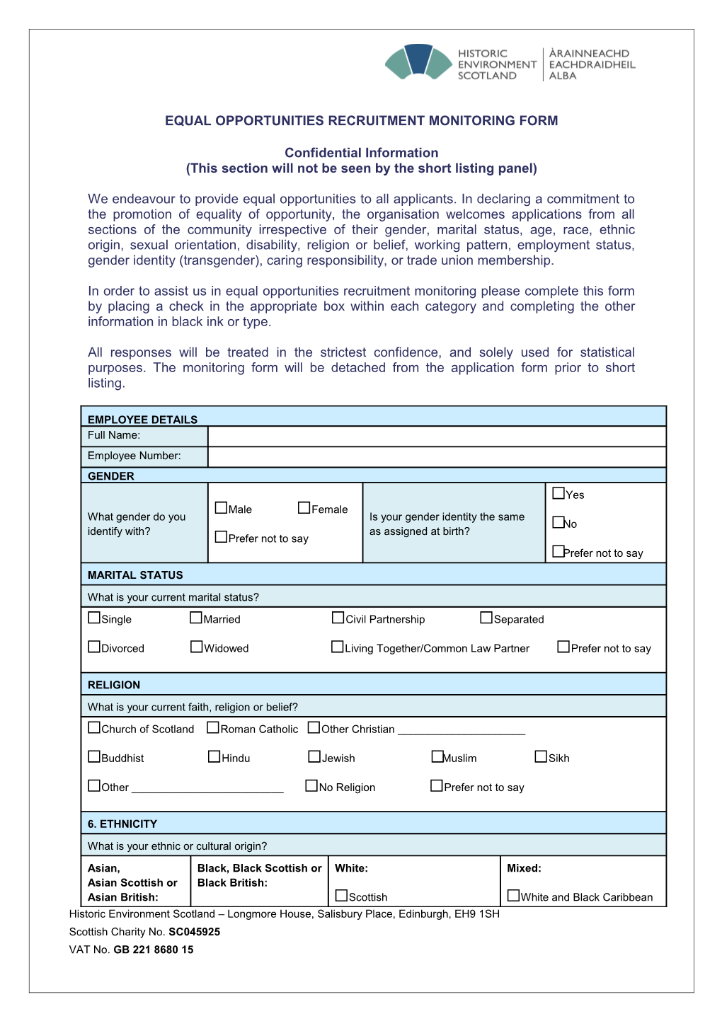 Equal Opportunities Recruitment Monitoring Form