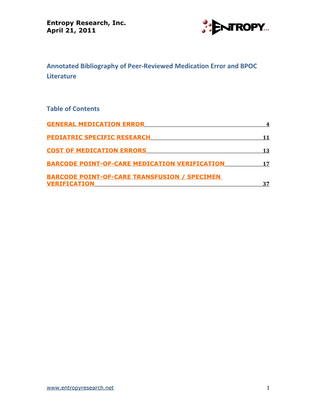 Annotated Bibliography of Peer-Reviewed Medication Error and BPOC Literature