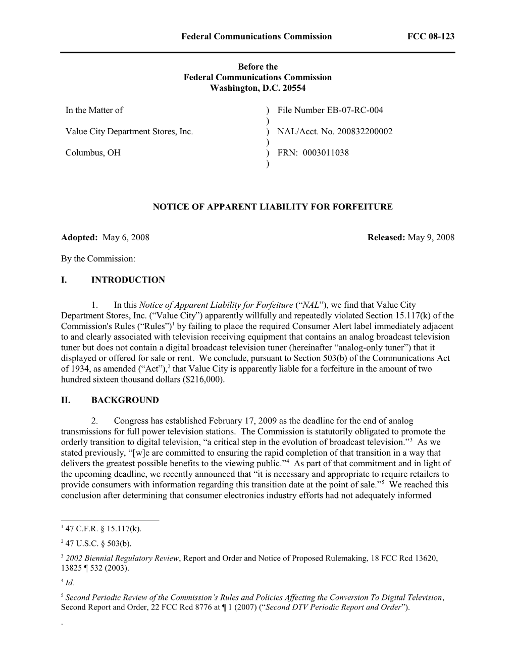 Federal Communications Commission FCC 08-123