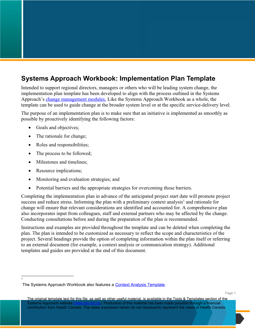 Systems Approach Workbook: Implementation Plan Template